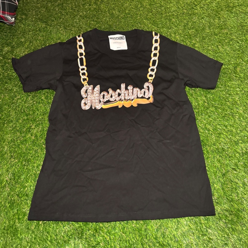 Moschino Couture Milano Black Gold Chain Crystal Logo T-Shirt A07165240 Mens M